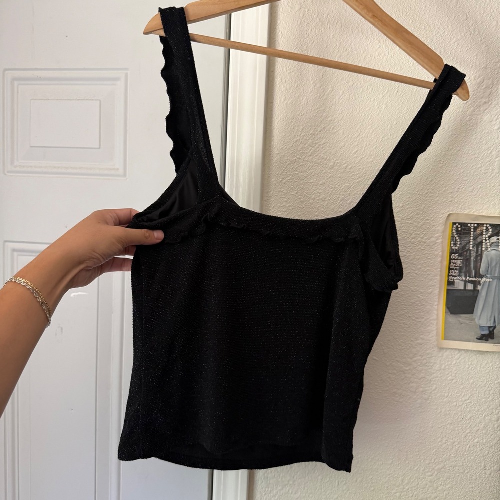 RALPH LAUREN black glitter metallic ruffle sleeveless cropped square tank top - Picture 3 of 5